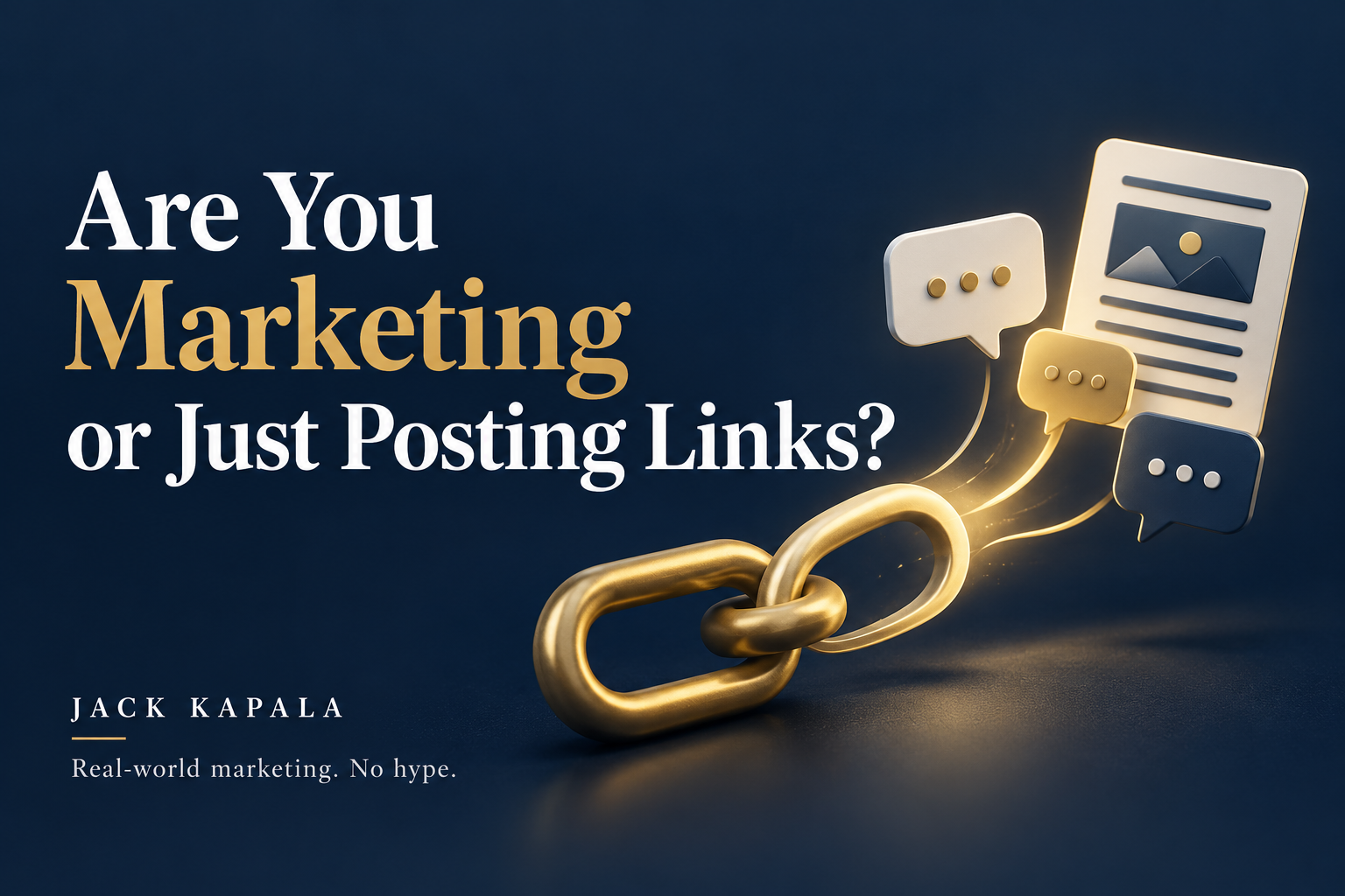 Are You Marketing or Just Posting Links? Gold chain links lead to conversation bubbles and a content page on a navy background.