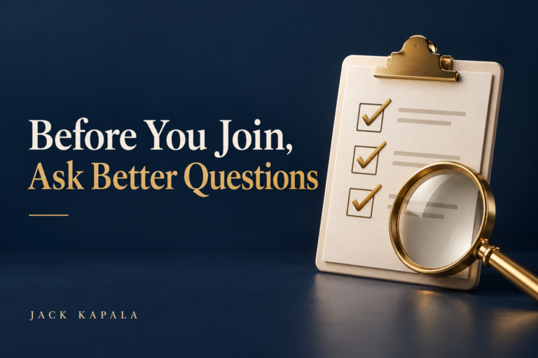 Before You Join, Ask Better Questions. A gold magnifying glass and checklist on a navy background.