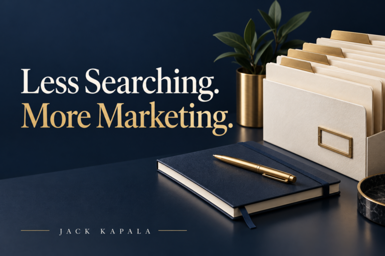 Less Searching. More Marketing. Organized folders, a notebook, and a gold pen on a navy desk.